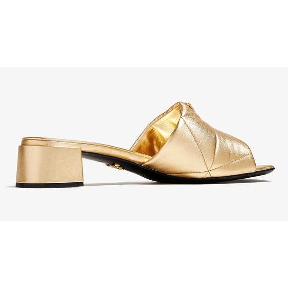 Prada Quilted Leather Diagram Gold Platino Logo Slide Sandal Block Heel 41.5 - Picture 11 of 15